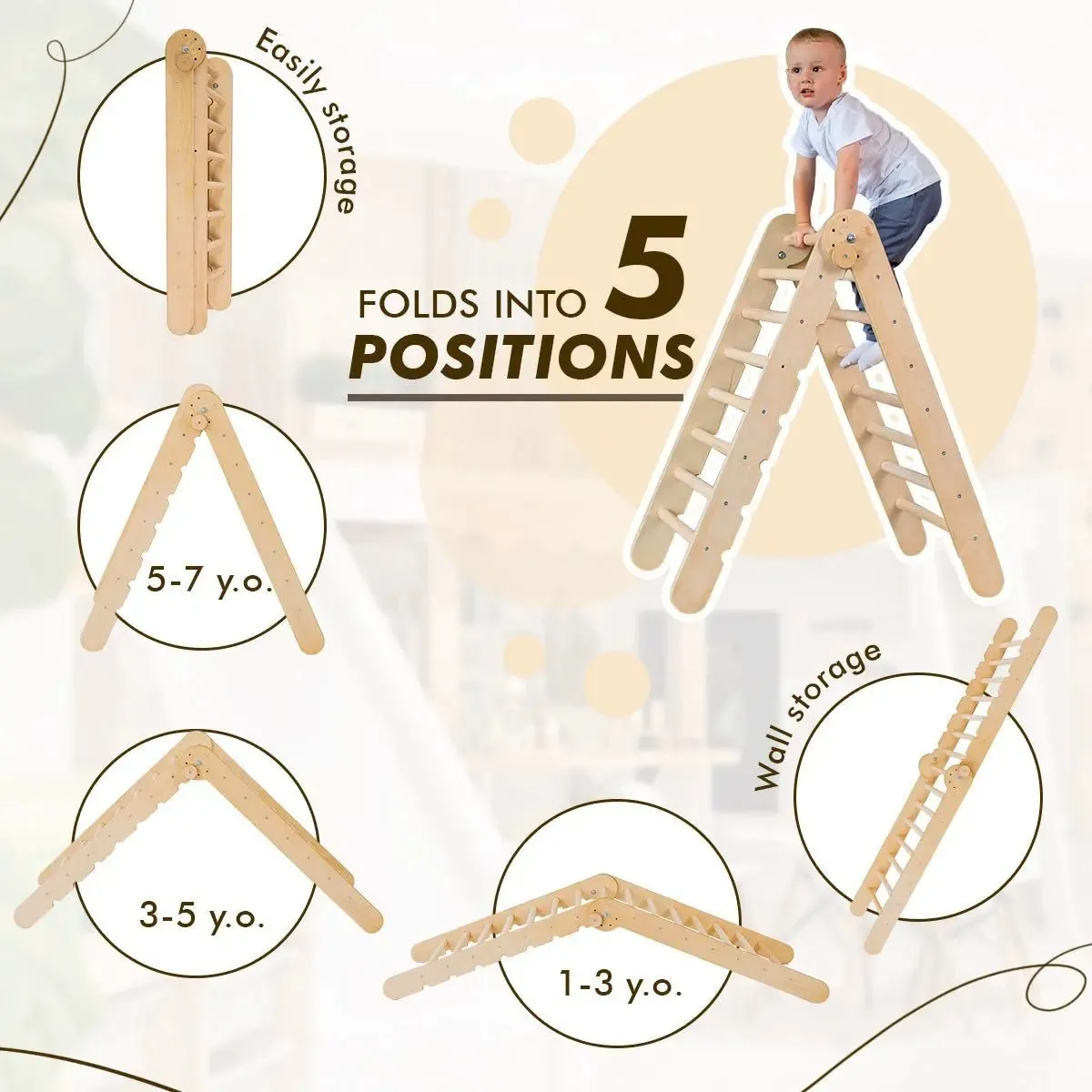 4in1 Montessori Climbing Set: Triangle Ladder   Climbing Arch   Slide Board   Cushion Beige