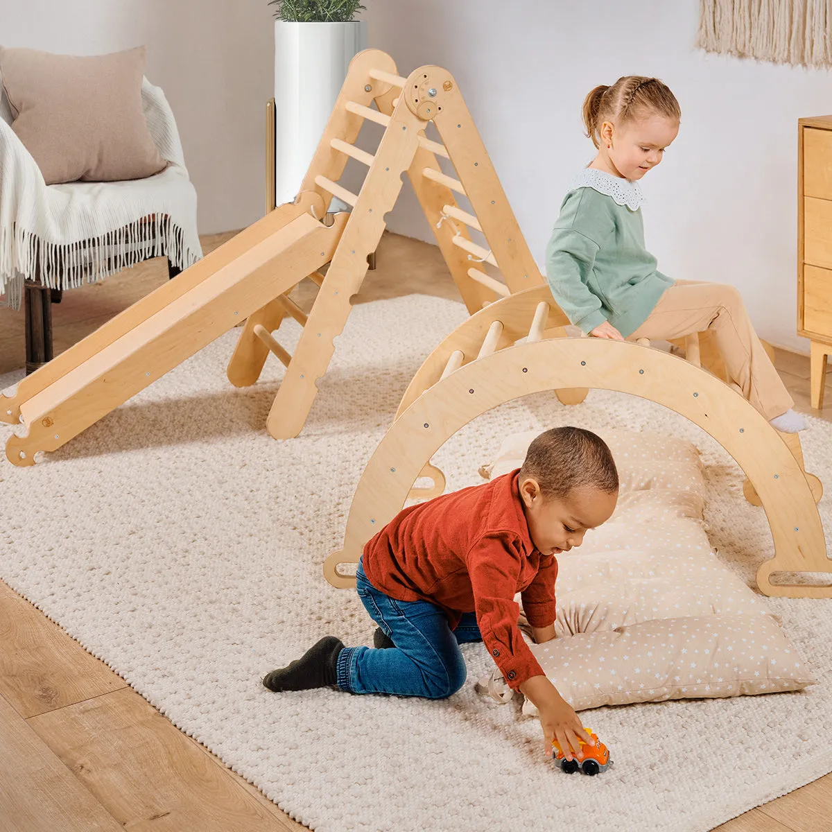4in1 Montessori Climbing Set: Triangle Ladder   Climbing Arch   Slide Board   Cushion Beige