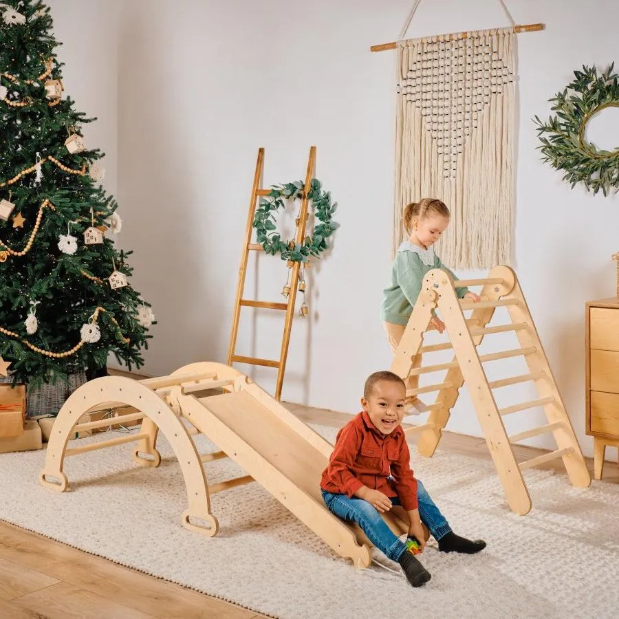 4in1 Montessori Climbing Set: Triangle Ladder   Climbing Arch   Slide Board   Cushion Beige