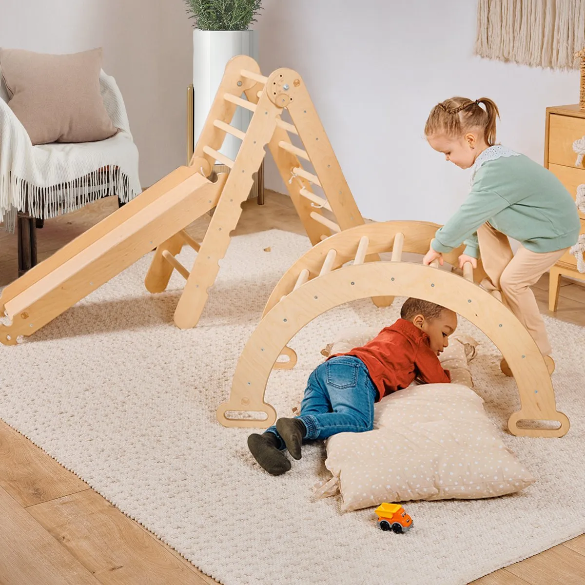 4in1 Montessori Climbing Set: Triangle Ladder   Climbing Arch   Slide Board   Cushion Beige