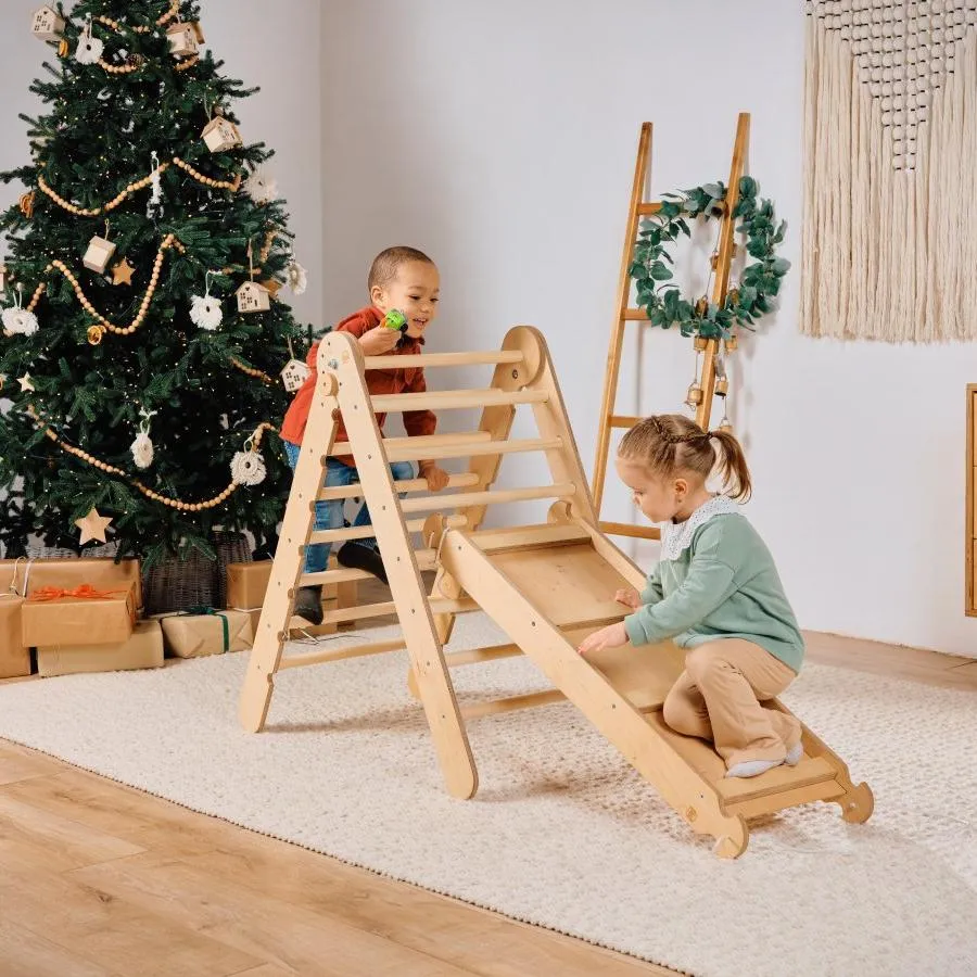 4in1 Montessori Climbing Set: Triangle Ladder   Climbing Arch   Slide Board   Cushion Beige