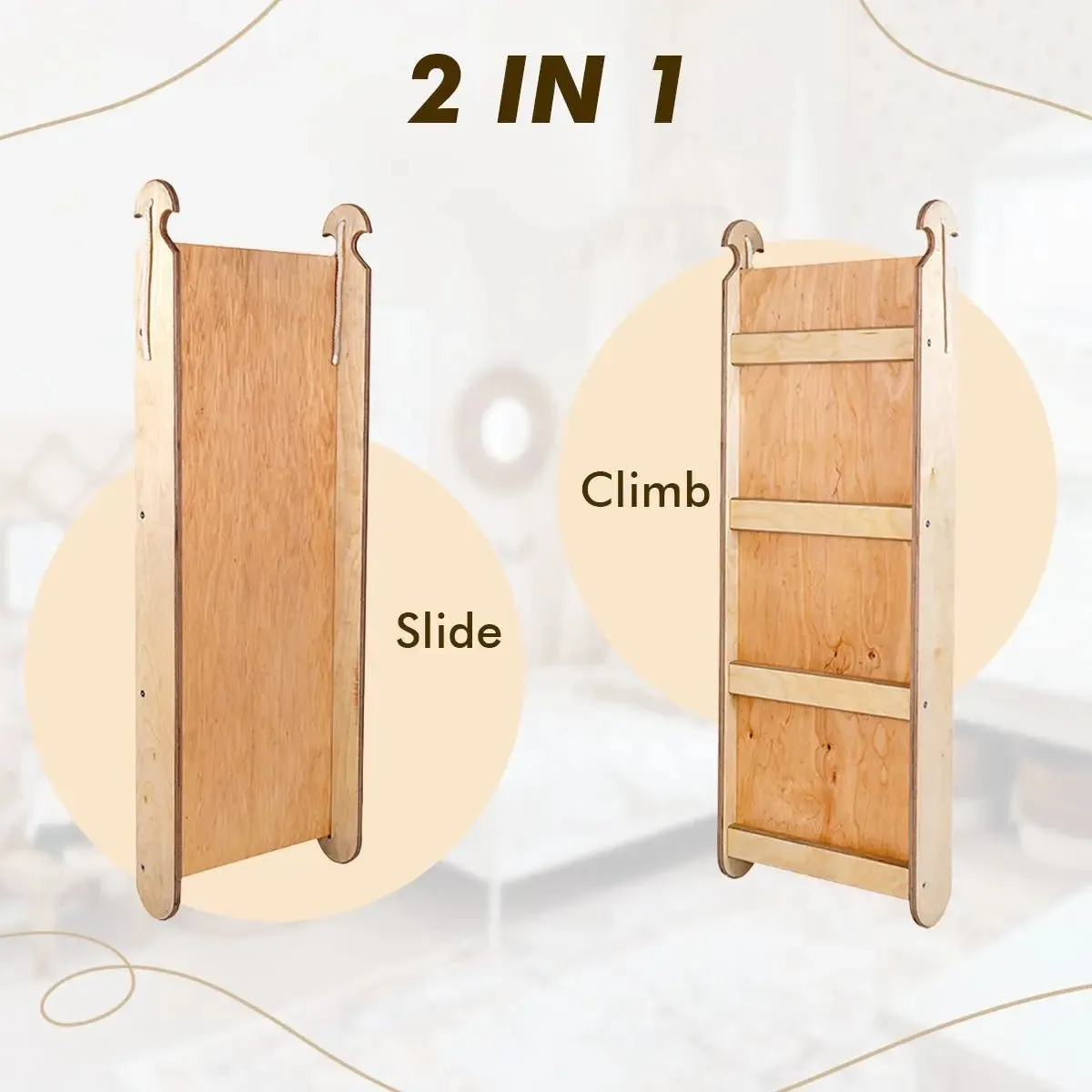 4in1 Montessori Climbing Set: Triangle Ladder   Climbing Arch   Slide Board   Cushion Beige