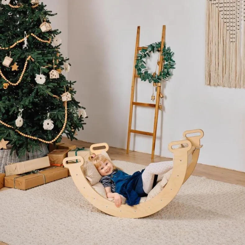 4in1 Montessori Climbing Set: Triangle Ladder   Climbing Arch   Slide Board   Cushion Beige