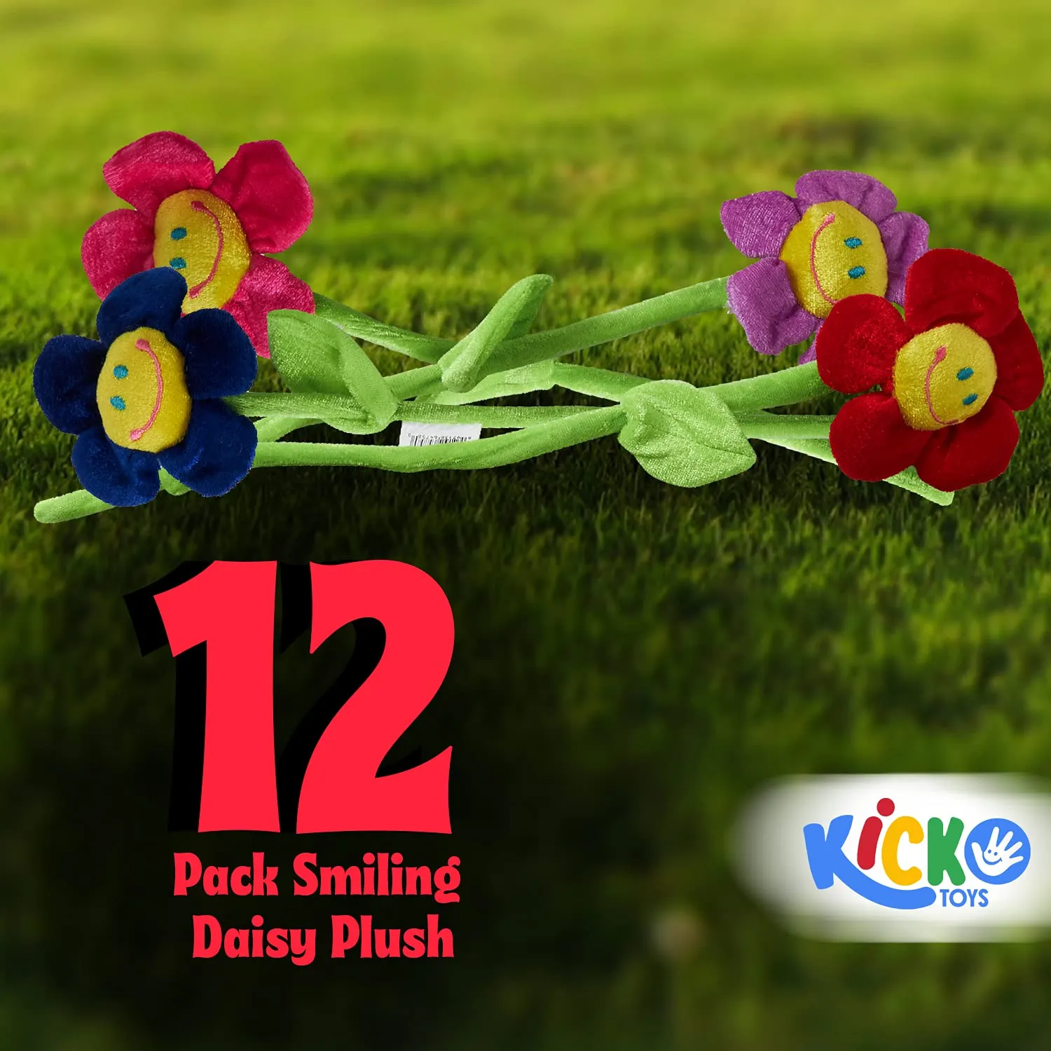 12-Pack Kicko Smiling Daisy Plush Set - 13-Inch Sunflowers with Assorted Colors and Long Bendable Stems