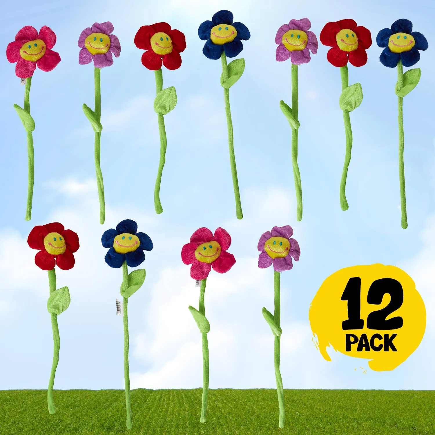12-Pack Kicko Smiling Daisy Plush Set - 13-Inch Sunflowers with Assorted Colors and Long Bendable Stems
