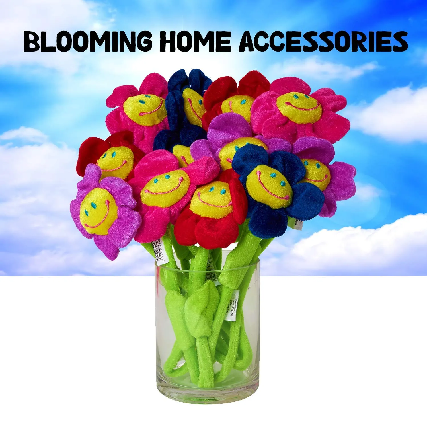 12-Pack Kicko Smiling Daisy Plush Set - 13-Inch Sunflowers with Assorted Colors and Long Bendable Stems