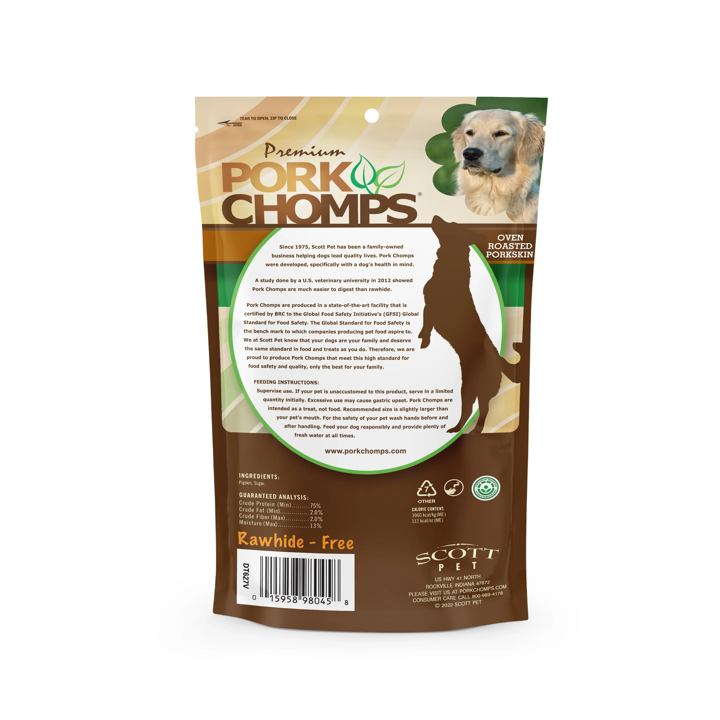 Pork Chomps 4.5-inch Roasted Pressed Pork Skin Dog Bone, 2 count Dog Chews
